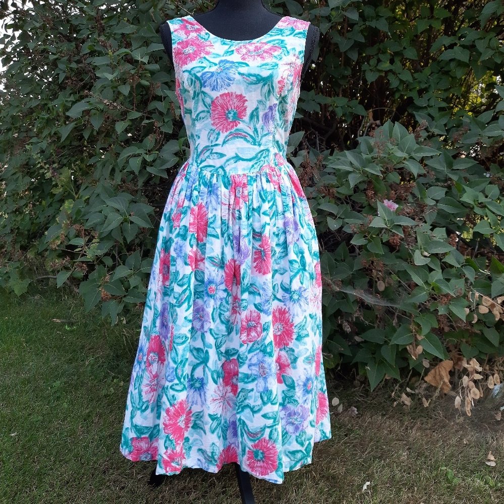 VTG 80s Honors Backless Floral Fit & Flare Dress S - Picture 1 of 16